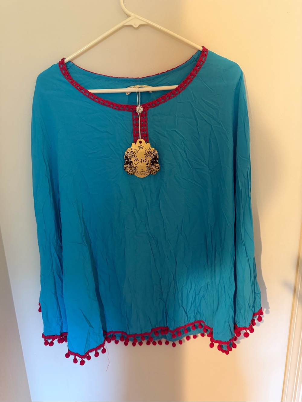 Turquoise Pom-Pom Trim Peasant Tunic by